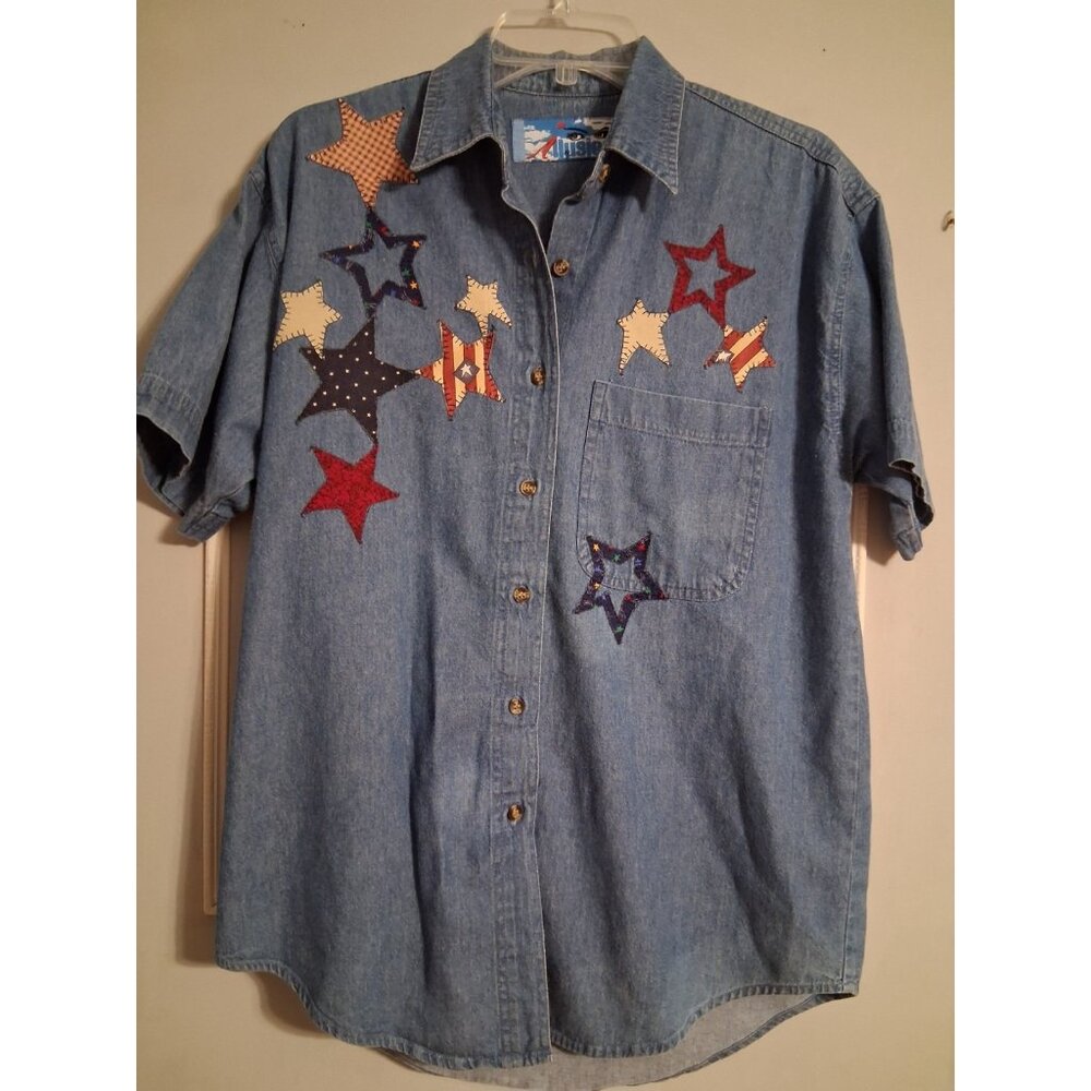 Illusions Womens XS  Blue Denim Button Down Shirt Stars Flag Teacher Core
